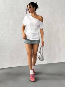 SHEIN EZwear White Asymmetric Neck Ruffle Summer Short Sleeve Top