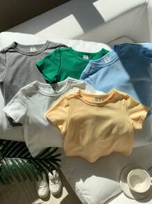 SHEIN 5pcs/Pack Summer Cute Solid Color All-Match Knit Short Sleeve T-Shirt Pack For Babies & Toddlers, Versatile