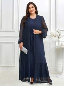 Veilorie Plus Size Solid Sleeveless Tie Waist Robe And Polka Dot Mesh Robe Arabic Outfit