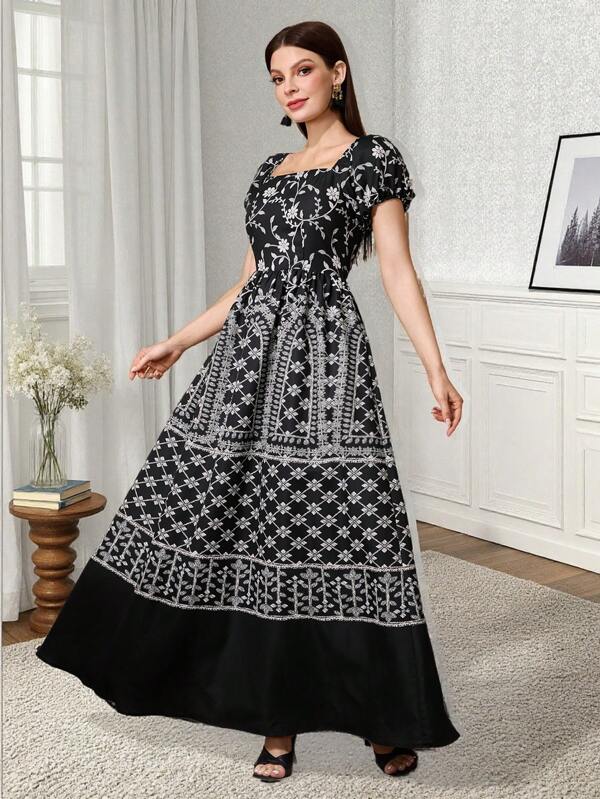 Al Najma Women's Floral Print Square Neck Puff Sleeve Pockets Elegant Arabian Midi Dress