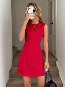 SHEIN LUNE Crew Neck Sleeveless Front Bowknot Waist A-Line Casual Vacation Elegant Dress, Red, Short Dresses For Women Elegant Birthday Dresses For Women Graduation Dress Concert Outfit Women
