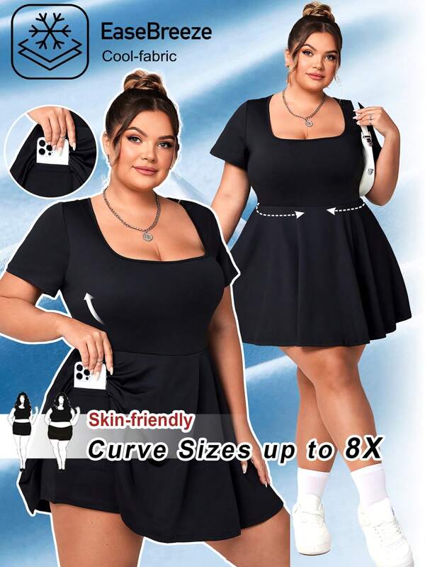 SHEIN CURVE+ Marimi mari pentru femei, toamna iarna, ocazional, maneci scurte, negru, decolteu, linie A, tiv cu volane, elastic, care absoarbe umezeala, uscare rapidă, ușoară, confortabilă, de culoare solidă, cu buzunare, pentru exterior, yoga, fitness