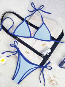 Swim Mod 2026 春夏女士泳衣，细肩带露背领，海军蓝 + 浅蓝撞色，性感度假侧系带丁字裤比基尼套装 - 藍色 - 查看 2