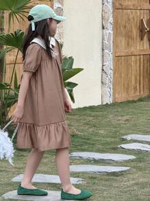 DAZY Tween Girl' Colorblock Doll Face Bow Decor Woven Short Sleeve Dress, Summer,Back To School Clothes - Brown - View 5