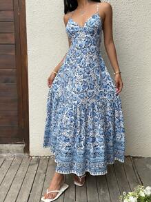 Sunnyshic Navy Blue Floral Print V-Neck Backless Tie Neck High Slit A-Line Midi Dress, Sophisticated Vacation Travel Boho Chic Casual Elegant Summer Dress For Women