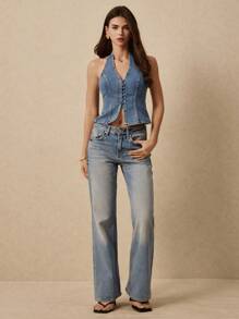 Poéselle Blusa de mezclilla casual de mujer con cuello halter y abotonadura sencilla