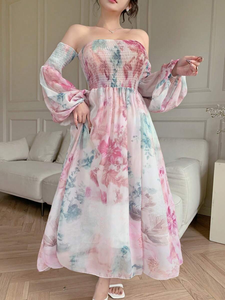 DAZY 女式露肩花卉印花中长连衣裙，秋季连衣裙长袖连衣裙 - 粉色 - 查看 1