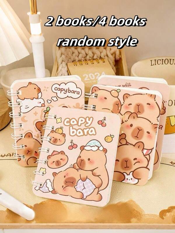 SHEIN 2pcs/4pcs (Random Color & Pattern) Cartoon Coil Notebook, Capybara Student Thick Lined Journal, Portable Mini Pocket Notepad, A7 Handy Memo Pad,Boys Notebook,Capybara,Stationery Capybara,Capybara,Capybara Stuff,Capybara,Capybara School Supplies,Capybara ,Capybara Birthday