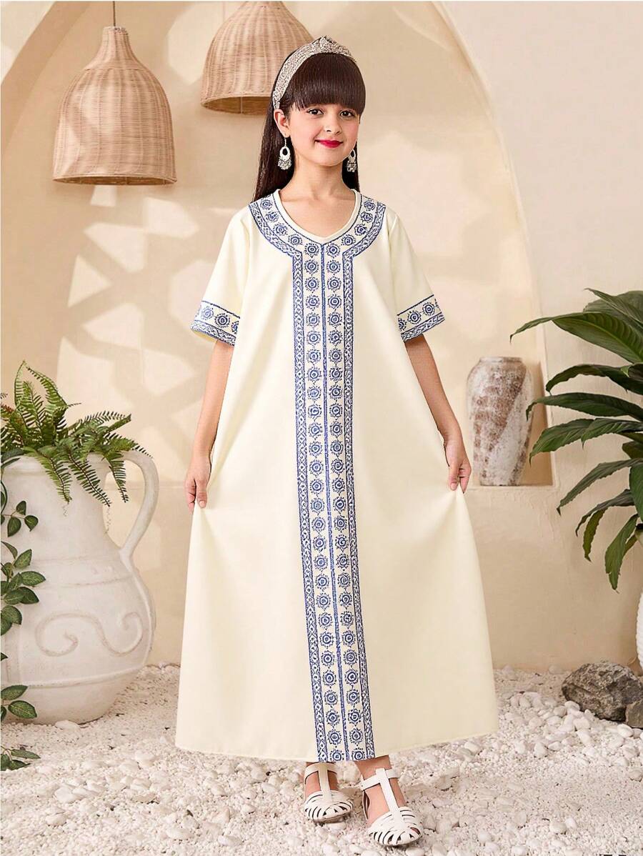 少女印花休闲连衣裙，优雅日常穿着 - 彩色 - 查看 1