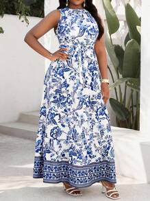 SHEIN Lady 春夏优雅通勤办公休闲波西米亚风休闲外出彩色编织圆领喇叭腰带长款无袖大码连衣裙 - 彩色 - 查看 3