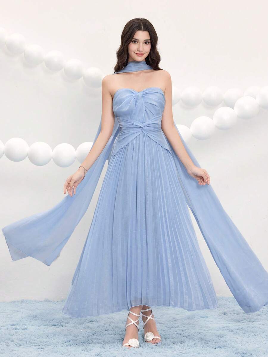 Poshira 女士长款露背露肩长礼服毕业礼服奢华女士晚礼服柔软礼服毕业礼物、派对礼服、舞会礼服 - 淺藍色 - 查看 1