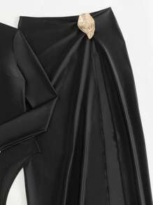 Swim Mulvari Spring 3pcs Set Long Sleeve Burkini Swimwear, Elegant All Black Bodysuit With Long Pants And Asymmetrical Metallic Embellished Beach Dress Set For Summer Beach Vacation