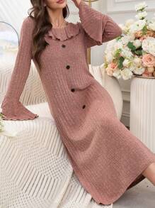 Vestido de estar en casa casual con cuello Peter Pan y volantes en el bajo para mujer