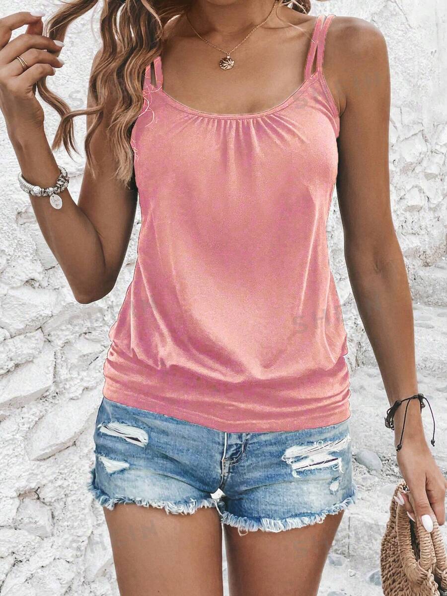 SHEIN LUNE Camiseta de tirantes dobles con pliegues de unicolor para mujer