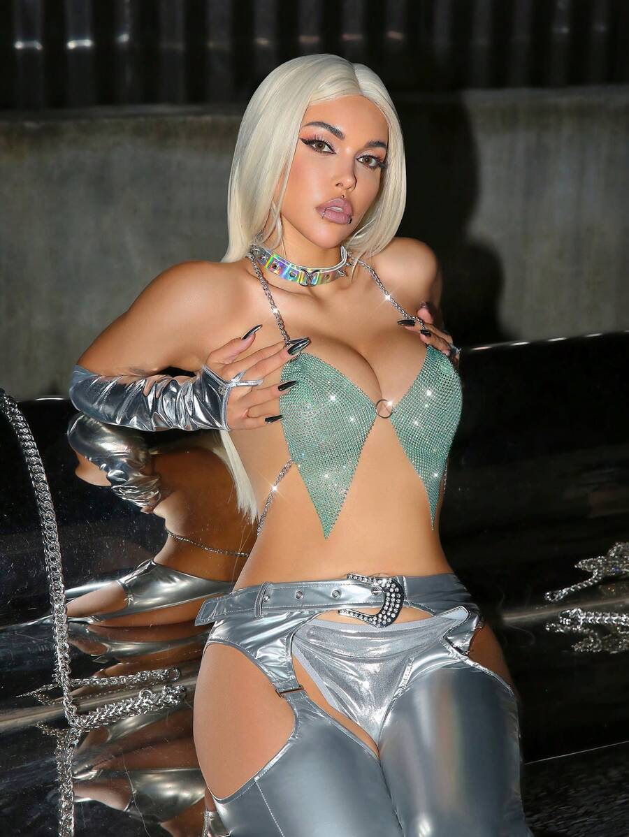 水钻装饰性感露背上衣，适合音乐节 - 綠色 - 查看 1