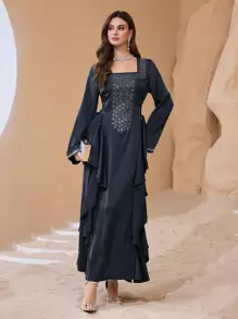 Al Najma 奢华亮片刺绣侧系腰闪光优雅阿拉伯连衣裙，端庄 - 寶藍色 - 查看 4