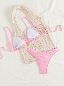 Swim Mod 2pcs/Set Women Floral Embellished Triangle Cup Bra And Panty Set For Summer Beach Vacation - Pink - View 3