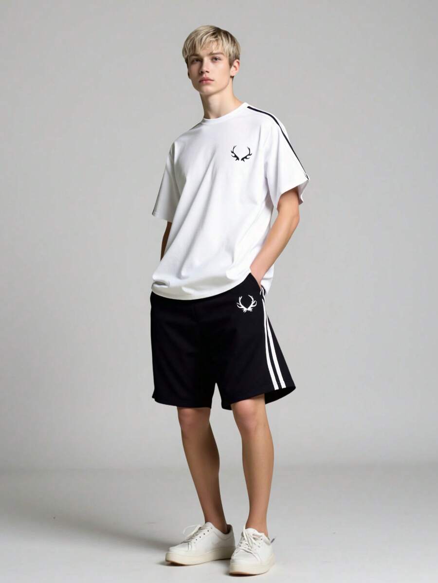 SHEIN 2pcs Set Teen Boy's Casual Versatile Small Logo Print Design Round Neck Short Sleeve T-Shirt And Shorts Set; Spring Wear; Teen Boys' Clothing; Teen Boy' Jackets, Spring Back To School
