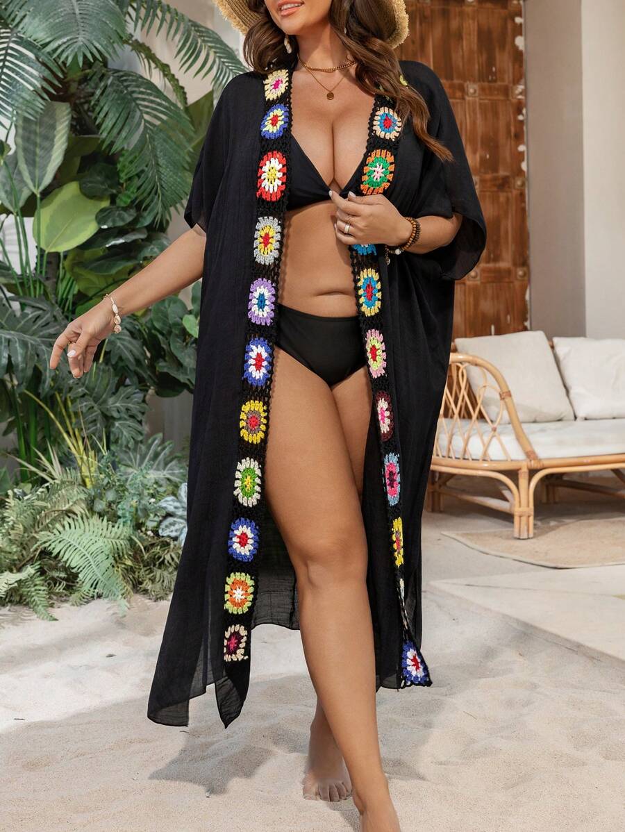 Swim Lushoire Plus Size Women szydełkowe Hollow Out lekkie kolorowe wakacje plaża maxi kimono, na lato