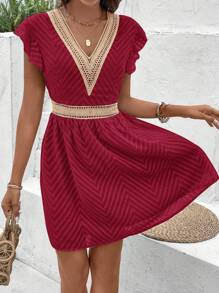 SHEIN Frenchy Vacation Casual Color Block Lace Patchwork Cap Sleeve Dress Christmas Summer New Year Red Burgundy - Burgundy - View 3