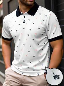 Manfinity Homme Plus Size Men's Contrast Color Patchwork Leaf Print Short Sleeve Polo Shirt