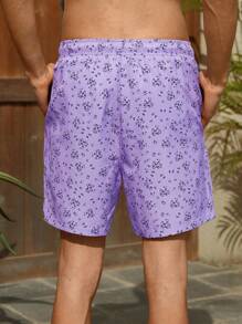 Manfinity VDAYZ Pantalones cortos de playa de cintura con cordón con estampado floral diminuto para novio, estilo hawaiano