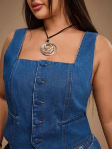 Forever 21 Top en denim décontracté sans manches col carré à simple boutonnage pour femmes grandes tailles