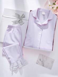 2pcs Girls Elegant Light Purple Chiffon Accent Long Sleeve Top & Long Pants Casual Comfortable Pajamas Sets - Mauve Purple - View 3