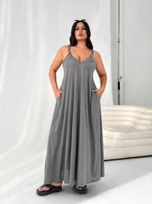 SHEIN EZwear Plus Size Grey Sleeveless Jumper Dress With Pockets