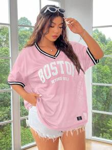 SHEIN EZwear 大码女式字母条纹 V 领落肩休闲 T 恤 - 粉色 - 查看 4