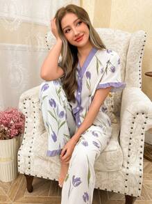 CottageSlumber Contrast Color Ruffle Trim Short Sleeve Top And Pants Floral Print Pajama Set Holiday Season - Purple - View 3