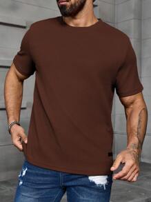 Manfinity Homme 大码男士休闲纯色短袖T恤，夏季百搭 - 棕色 - 查看 6
