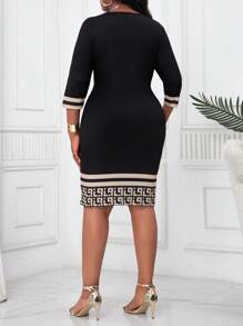 SHEIN Lady 春夏优雅通勤办公室彩色针织圆领铅笔中长七分袖大码连衣裙 - 彩色 - 查看 2