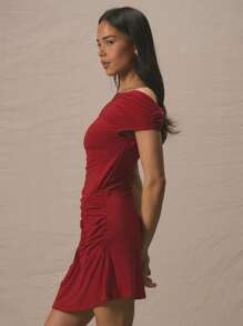 MUSERA Asymmetrical Neck Ruched Waist Fitted Mini Dress For Summer Cute Vacation 90's Y2k Evening - Red - View 2
