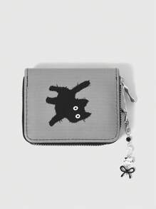 ROMWE Goth Gray-Based Black Cat With Bowknot Design Cute Creative Multi-Functional Card Holder Wallet