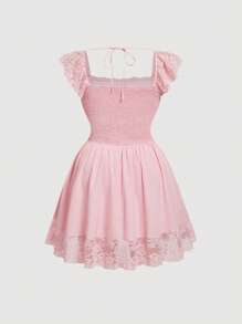 SHEIN MOD 大码浪漫粉色蕾丝拼布迷你连衣裙，适合约会或度假