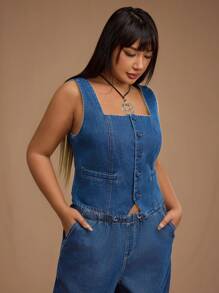 Forever 21 Top en denim décontracté sans manches col carré à simple boutonnage pour femmes grandes tailles