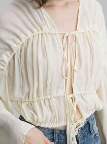 Ontre 2025 Spring & Summer Women's Solid Color Front Tie Ruched Long Sleeve Fashionable Blouse, Suitable For Everyday Wear - White - View 6