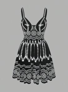 Chiquease 女士花卉印花无袖荷叶边下摆度假连衣裙 - 黑色 - 查看 4