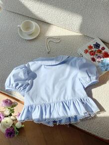 Comfortcana Women's Summer Front Tie, Ruffle Hem, Puff Sleeve Blouse