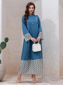 Al Najma 女式休闲拼色宽松拼接连衣裙，端庄 - 藍色 - 查看 7