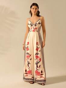 CAJUNI 女式波西米亚风热带花卉印花无袖宽松裤腿假日休闲夏季海滩杏色连体裤 - 彩色 - 查看 8