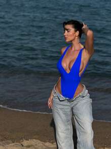 Swim SXY Swim Chicsea 女士性感深 V 领露背连体泳衣 - 寶藍色 - 查看 3