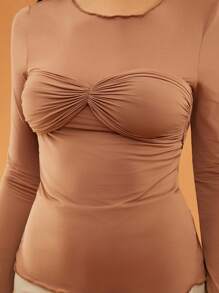 SHEIN Unity Top Long Sleeve Brassiere Lettuce Hem Swoop Neck Summer Event Top Music Festival Elegant Vacation Spring Break Brunch Party Thanksgiving Christmas NYE New Years Eve Outfits For Women - Brown - View 1