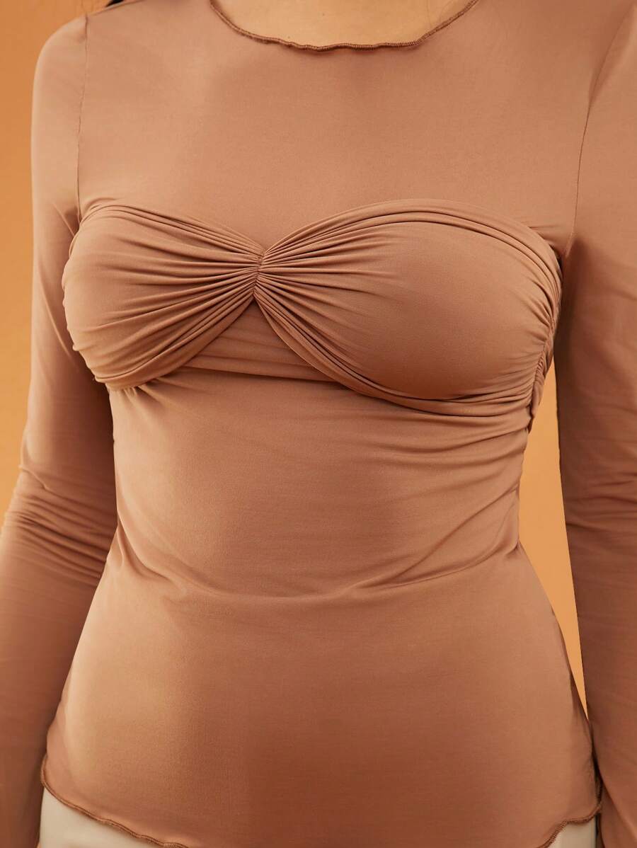 SHEIN Unity Top Long Sleeve Brassiere Lettuce Hem Swoop Neck Summer Event Top Music Festival Elegant Vacation Spring Break Brunch Party Thanksgiving Christmas NYE New Years Eve Outfits For Women - Brown - View 1