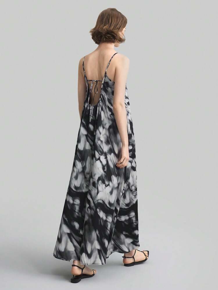 2025 Spring & Summer Women Tie-Dye Print Casual Loose Strap Dress, Suitable For Holiday, Music Festival, Graduation