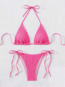 Swim Mod 2pcs Solid Color Halter Neckline Bikini Set With Triangle Bottom, Simple & Fashionable, Suitable For Summer - Hot Pink - View 1