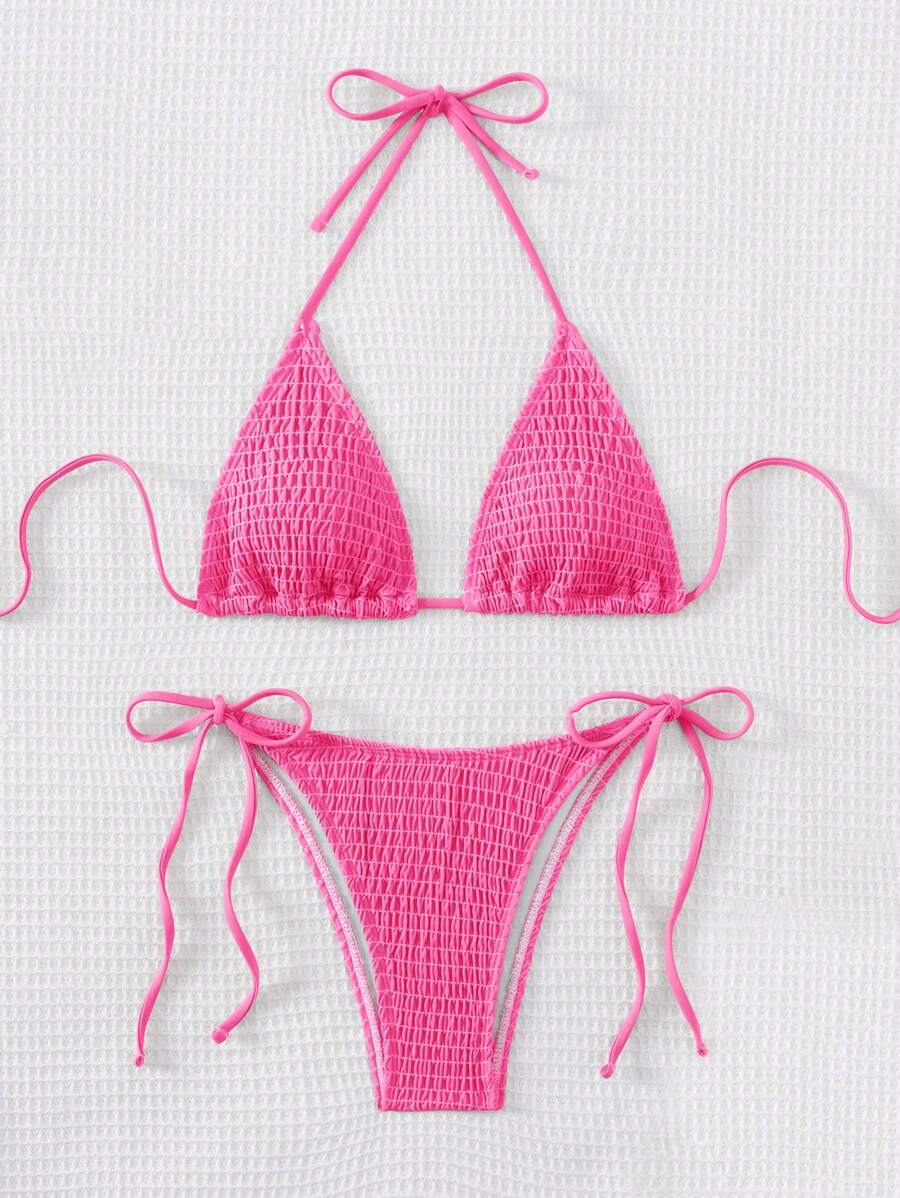 Swim Mod 2pcs Solid Color Halter Neckline Bikini Set With Triangle Bottom, Simple & Fashionable, Suitable For Summer - Hot Pink - View 1