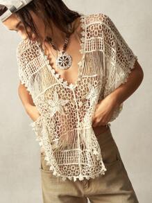 Bohemela Áo len dệt kim rỗng màu trơn BOHO dành cho nữ mặc đi nghỉ dưỡng/bãi biển Quần áo Boho Chic cho nữ Quần áo Boho mùa hè Quần áo Boho Quần áo nữ Áo mùa hè Quần áo mùa hè Áo nữ - Màu be - Xem 4