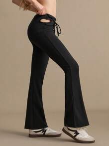 男士纯色腰带镂空喇叭运动裤 - 黑色 - 查看 5